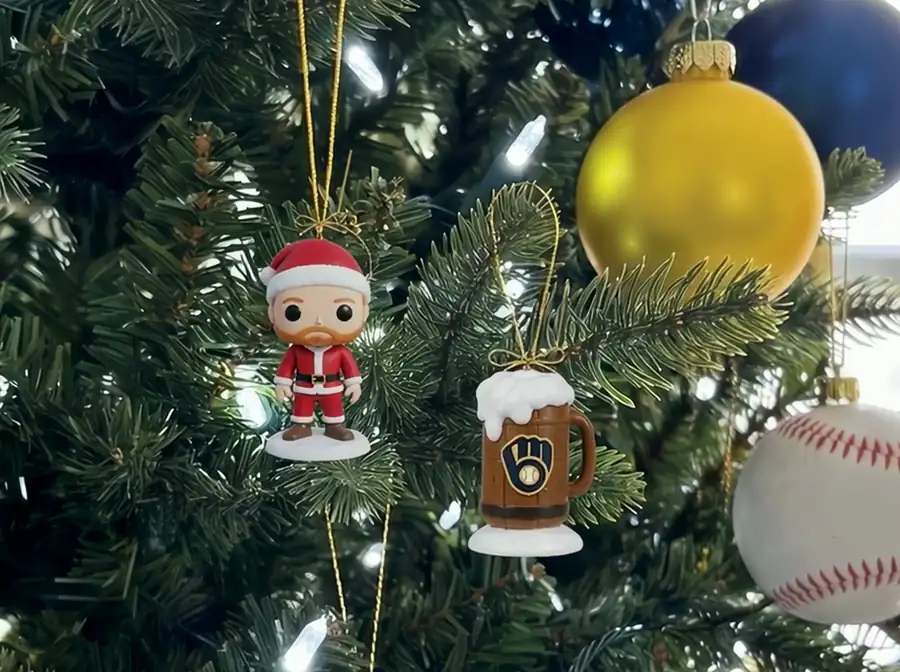 Brewmas 3D Brewers figure ornaments on a Christmas tree